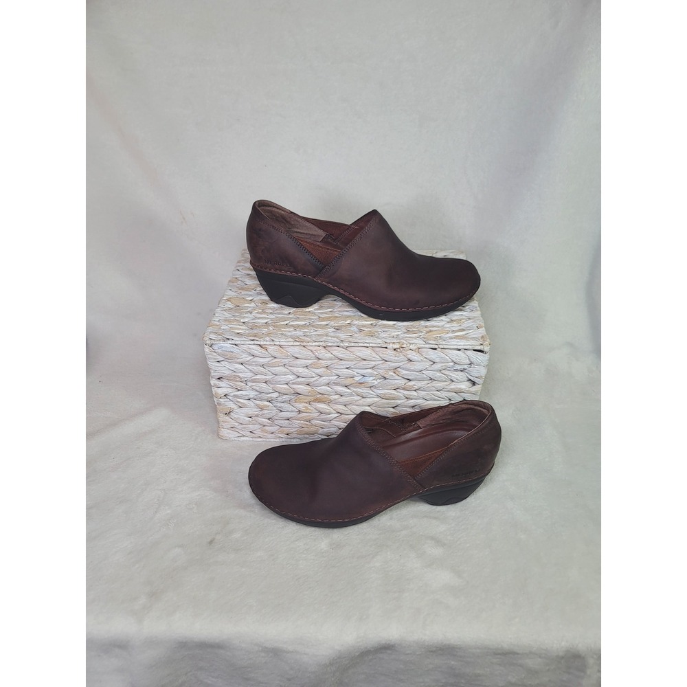 Merrell Comfort Leather Clogs Brown Professional Low Wedge Elevated Casual 8.5